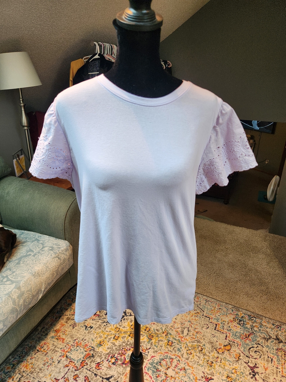 Express Lavender Short Sleeve Tee with Eyelet Flutter Sleeves Large Cotton Blend